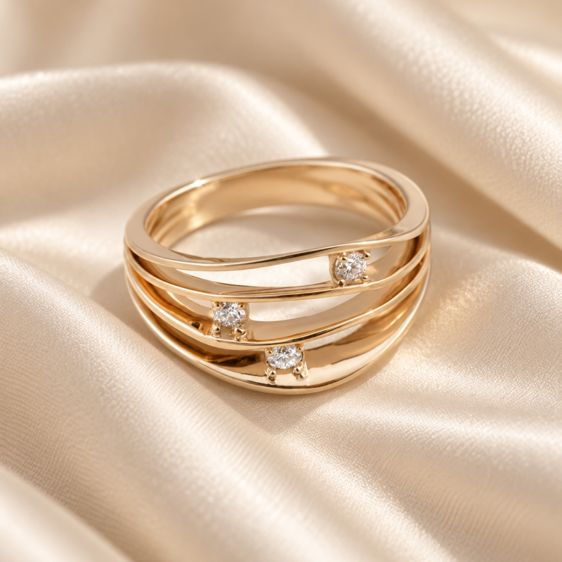 viona-18k-gold-ring-on-hand.jpg انگشتر طلای ویونا با طراحی مدرن و سه نگین روی پارچه ساتن